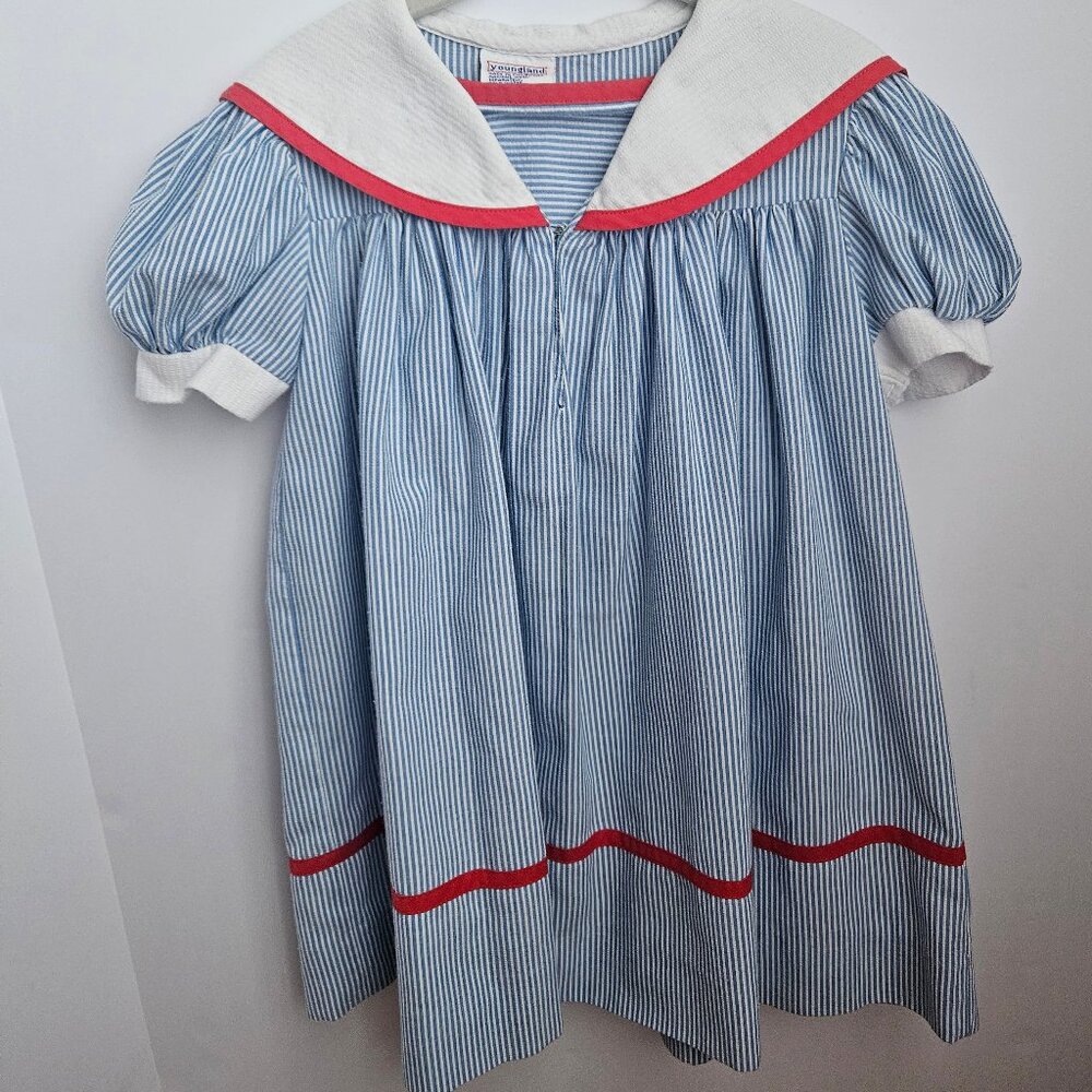 VTG Youngland Nautical Sailor Seersucker Dress Blue & White with Red Trim